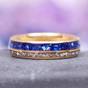 Blue Sapphire & Crushed Diamond Mens Wedding Band- 6mm Yellow Gold Tungsten Carbide Ring-Unique Promise Ring- Anniversary Gift For Him