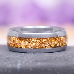 Crushed Citrine Men&#39;s Wedding Band- 8MM Tungsten Carbide Wedding Ring- Silver Polished Comfort Fit Dome- Anniversary- Promise Gift for Him
