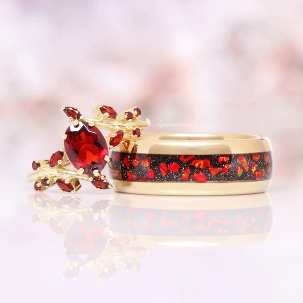 Natural Garnet & Red Fire Opal Couples Ring Set- His and Hers Matching Wedding Band- Red and Gold Tungsten Couples Ring Unique Promise Ring