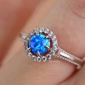 Blue Fire Opal Ring- 925 Sterling Silver Vintage Round Opal Engagement Ring- Promise Ring- October Birthstone- Anniversary Gift For her