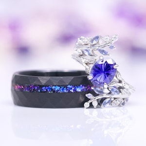 Cornflower Sapphire & Orion Nebula Fantasy Star Cut Couples Ring- His and Hers Ring Set- Purple Galaxy Matching Outer Space Wedding Bands