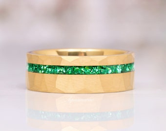 Crushed Emerald Gold Ring- 8mm Tungsten Men&#39;s Emerald Wedding Band- Green Emerald Tungsten Hammered- Brushed- Flat Comfort Fit- Gift for Him