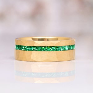 Crushed Emerald Gold Ring- 8mm Tungsten Men&#39;s Emerald Wedding Band- Green Emerald Tungsten Hammered- Brushed- Flat Comfort Fit- Gift for Him