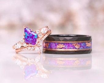 Skye Purple Fire Opal Couples Ring Set- His and Hers Matching Wedding Band Hammered Lavender Rose Gold Tungsten/ Vermeil Unique Promise Ring