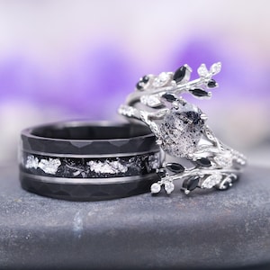 Galaxy Salt and Pepper Diamond, Meteorite Couples Ring Set- His and Hers Cosmic Wedding Bands Sterling Silver Tungsten Matching Promise Ring