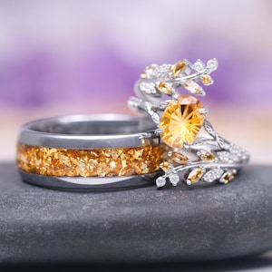Natural Citrine Couples Ring- His and Hers Ring Set- Sterling Silver/ Tungsten Matching Fantasy Cut Unique Wedding Band- November Birthstone
