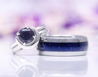 Starry Night Crescent Moon Couples Ring Set- Galaxy Sandstone His and Hers Wedding Band Sterling Silver Unique Matching Promise Ring Set
