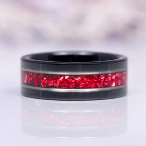 Crushed Red Garnet Men&#39;s Black Wedding Band - 8mm Tungsten Carbide Ring - Unique Men&#39;s January Birthstone Wedding Ring- Promise Ring for Him