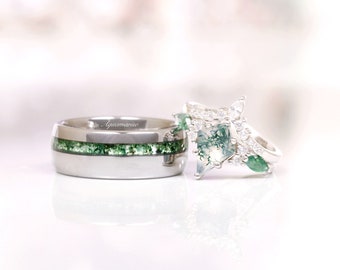 Skye Kite Green Moss Agate Ring Parejas Anillo Set- Su banda de bodas y la de ella- 925 Anillo único de plata de ley- Anillo de promesa de naturaleza a juego