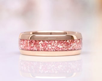 Pink Morganite Ring Rose Gold Tungsten Ring Womens/ Mens Wedding Band- Comfort-Fit Dome Polished- Anniversary Ring- Statement Ring 8mm Ring