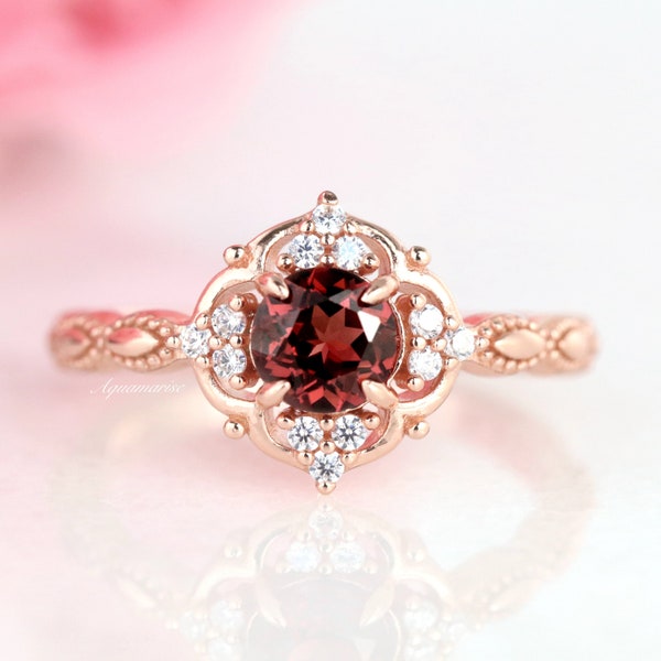 Vintage Natural Red Garnet Ring- 14K Rose Gold Vermeil  Engagement Ring For Women Promise Ring January Birthstone Anniversary Gift For Her