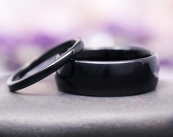 Black Tungsten Couples Ring Set- His and Hers Tungsten Carbide Matching Wedding Bands- 8mm/2mm Unique Promise Rings- Vow Renewal Set