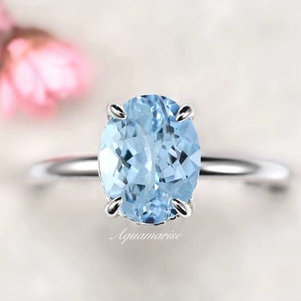 2CT Oval Aquamarine Ring- Sterling Silver Ring- Solitaire Aquamarine Engagement Ring- Promise Ring- March Birthstone- Anniversary Gift for