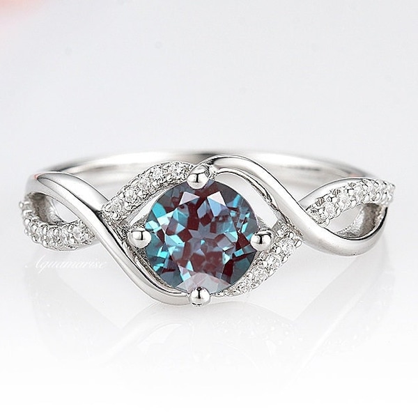 Entwined Alexandrite Ring- Sterling Silver Ring- Twisted Vine Teal & Purple Alexandrite Engagement Promise Ring June Birthstone Gift For Her