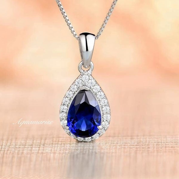 Teardrop Blue Sapphire Necklace- Sterling Silver Sapphire Necklace Sapphire Bridal Necklace- September Birthstone- Anniversary Birthday Gift