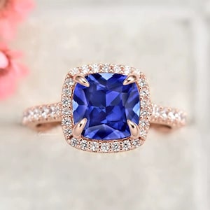 Cushion Blue Sapphire Ring- 14K Rose Gold Vermeil - Genuine Sapphire Engagement Ring- Promise Ring Royal Blue Sapphire- September Birthstone