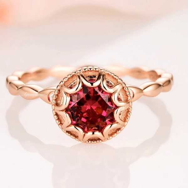 Vintage Ruby Engagement Ring For Women- Authentic Ruby Dainty Promise Ring - 14K Rose Gold Vermeil- July Birthstone Anniversary Gift For Her
