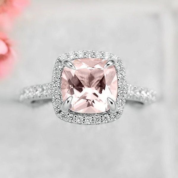 Cushion Morganite Ring- Sterling Silver Ring- Halo Morganite Engagement Ring- Promise Ring- Peachy Pink Morganite- Anniversary Gift For Her