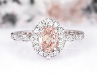 Vintage Morganite Ring For Women- 925 Sterling Silver Blush Pink Oval Cut Morganite Engagement Ring- Unique Promise Ring- Anniversary Gift