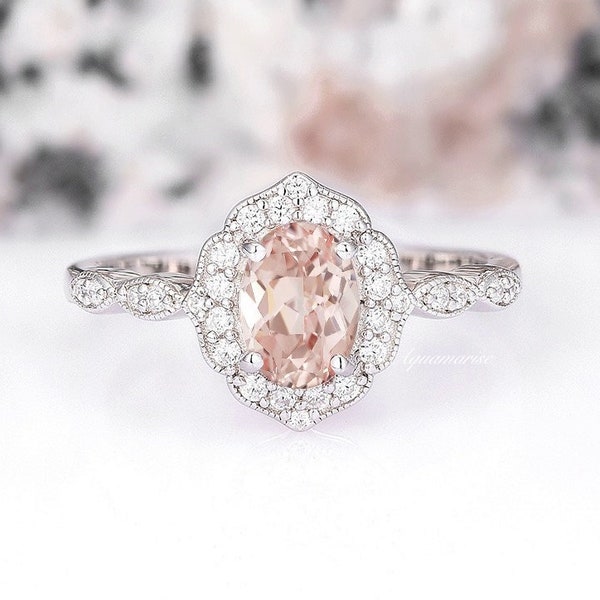 Vintage Morganite Ring For Women- 925 Sterling Silver Blush Pink Oval Cut Morganite Engagement Ring- Unique Promise Ring- Anniversary Gift