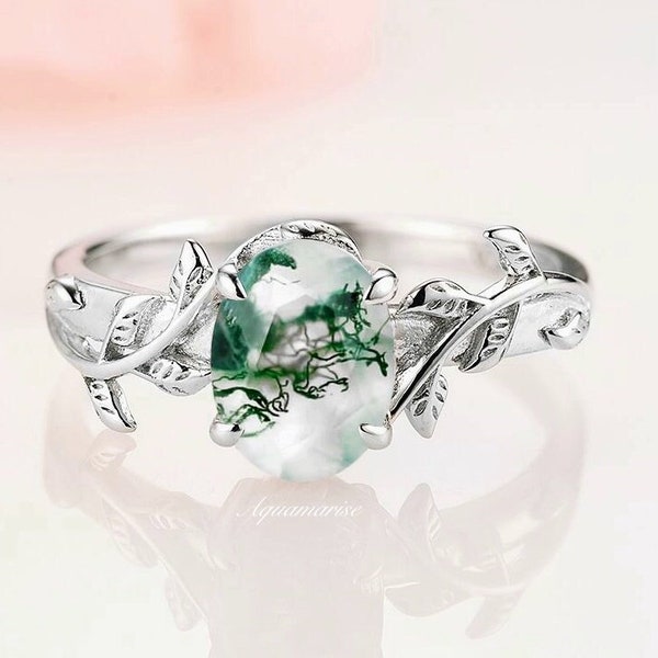 Natural Green Moss Agate Engagement Ring For Women- Nature Inspired Leaf Promise Ring Unique Anniversary Gift For Her- 925 Sterling Silver