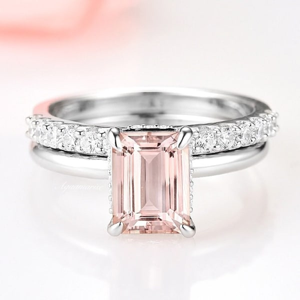 Morganite Ring Set- Sterling Silver Peachy Pink Morganite Engagement Ring For Women - Emerald Cut Hidden Halo Promise Rings- Solitaire Ring