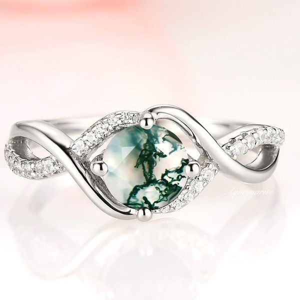 Natural Green Moss Agate Ring Sterling Silver Aquatic Agate Engagement Rings For Women Twisted Vine Promise Ring Green Gemstone Gift For Her
