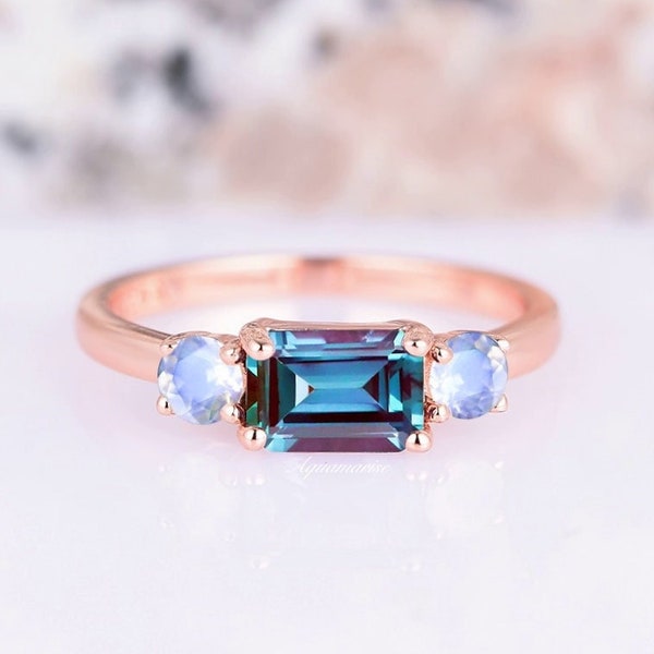 Minimalist Alexandrite & Moonstone Ring For Woman- 14K Rose Gold Vermeil Engagement Ring- Unique Promise Ring June Birthstone Gift For Her