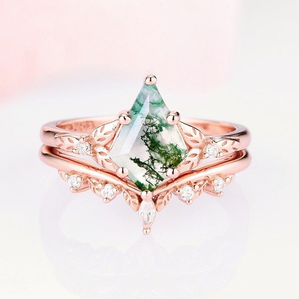 Kite Green Moss Agate Ring Set For Women- 14K Rose Gold Vermeil Natural Agate Leaf Engagement Ring- Promise Ring Anniversary Gift For Her