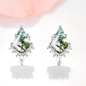Skye Kite Green Moss Agate Earrings For Women- 925 Sterling Silver Natural Agate Studs Unique Birthstone Jewelry Anniversary Gift For Her