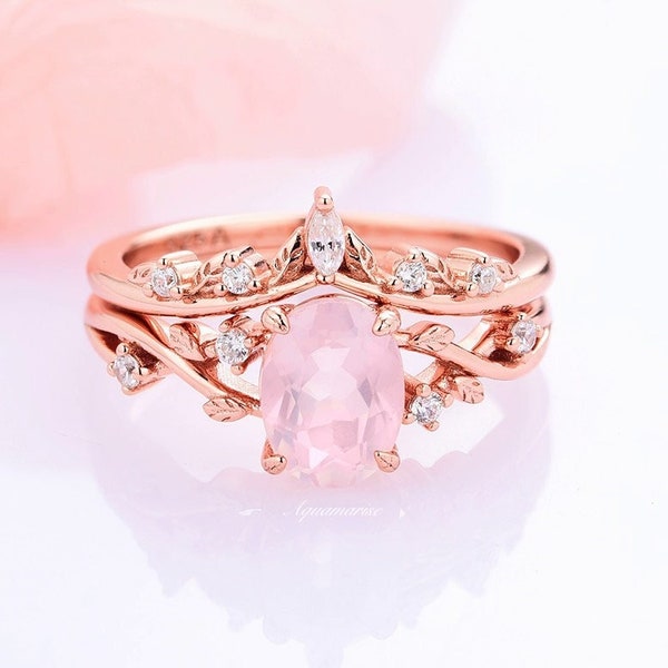 Natural Rose Quartz Ring Set- Leaf Wedding Ring Set 14K Rose Gold Vermeil- Pink Gemstone Engagement Ring- Unique Twig Dainty Promise Ring