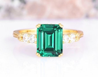 Vintage Emerald Gold Ring For Women- 14K Gold Vermeil Emerald Cut Engagement Ring Promise Ring- May Birthstone- Anniversary Gift For Her