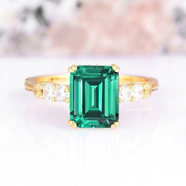 Vintage Emerald Gold Ring For Women- 14K Gold Vermeil Emerald Cut Engagement Ring Promise Ring- May Birthstone- Anniversary Gift For Her