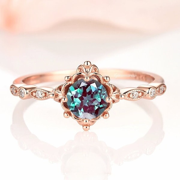Vintage Alexandrite Ring- 14K Rose Gold Vermeil- Teal Purple Alexandrite Engagement Ring For Women- Promise Ring- June Birthstone