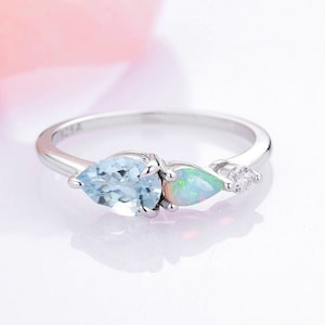 Natural Aquamarine & Opal Ring- Unique 2 Birthstones Engagement Ring For Women- Delicate Promise Ring- 925 Sterling Silver Anniversary Gift