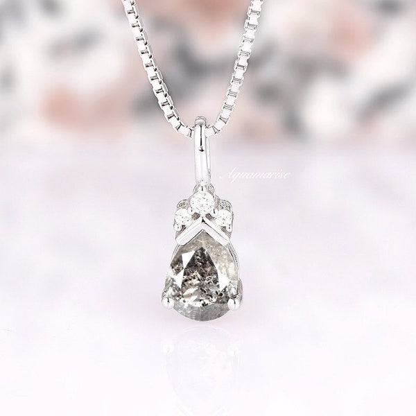 Galaxy Raw Salt & Pepper Diamond Necklace For Women- 925 Sterling Silver Teardrop Herkimer Diamond Unique Jewelry Anniversary Gift For Her