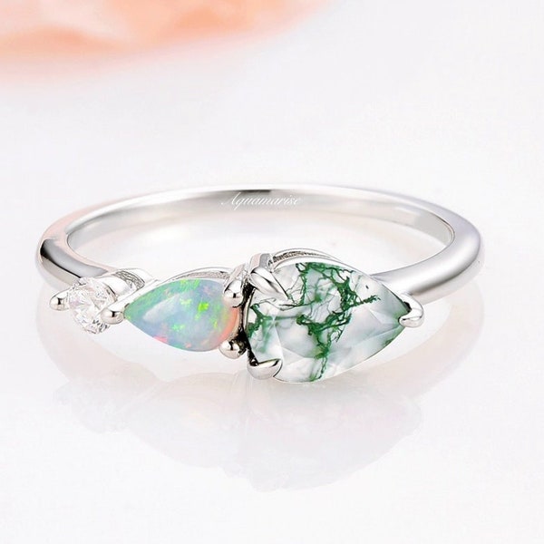 Natural Green Moss Agate & Fire Opal Engagement Ring For Women- 925 Sterling Silver Pear Cut Art Deco Gemstone Wedding Band- Birthstone Ring