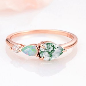 Unique Moss Agate Opal Engagement Ring- Pear Cut Art Deco Wedding Band- 3 Stone Delicate Women Bridal Promise Ring- 14K Rose Gold Vermeil