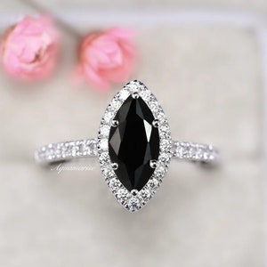 Marquise Black Diamond Ring- Sterling Silver Natural Black Onyx Engagement Ring For Women -Unique Promise Ring- Anniversary Gift For Her