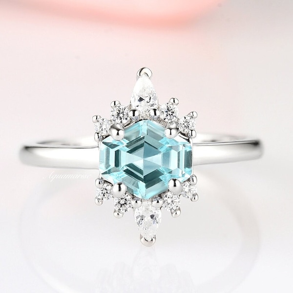 Hexagon Aquamarine Ring- 925 Sterling Silver Dainty Engagement Promise Ring- Blue Statement Ring Birthday Anniversary Christmas Gift For Her