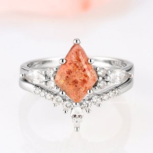 Skye Natural Sunstone Kite Ring Set For Women- 925 Sterling Silver Unique Orange Gemstone Engagement Ring Anniversary Birthday Gift For Her