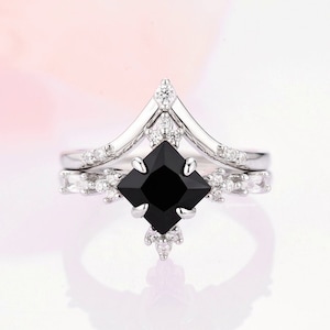 Black Diamond Ring Set- 925 Sterling Silver Black Onyx Engagement Ring Set For Women- Dainty Promise Ring- Anniversary Birthday Gift For Her