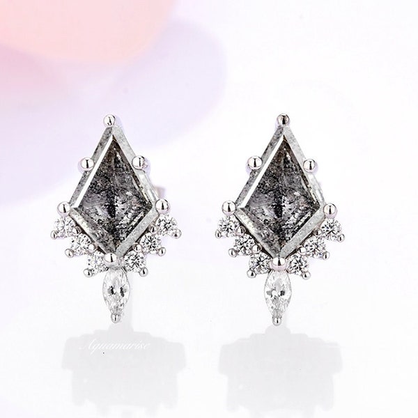 Galaxy Raw Salt & Pepper Diamond  Earrings For Women 925 Sterling Silver Kite Herkimer Diamond Studs Unique Jewelry Anniversary Gift For Her