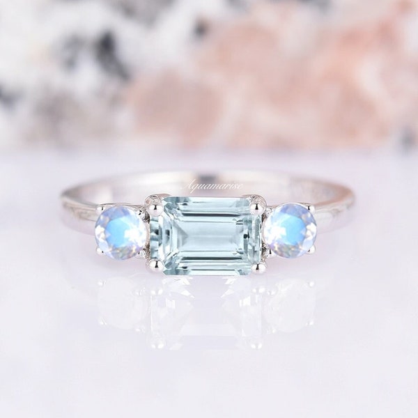 Aquamarine & Moonstone Ring For Women 925 Sterling Silver Unique Engagement Ring- Promise Ring- March / June Birthstone Jewelry Gift For Her