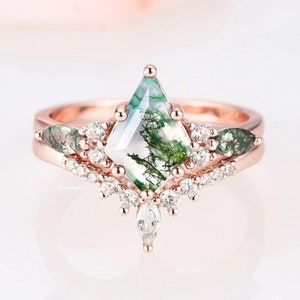 Skye Kite Green Moss Agate Ring- 14K Rose Gold Vermeil Natural Agate Engagement Ring- Promise Ring Green Gemstone Anniversary Gift For Her