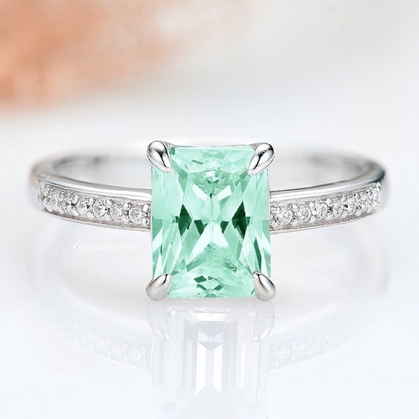 Mint Green Sapphire Ring- Sterling Silver Genuine Teal Sapphire Engagement Ring- Emerald Cut Promise Ring September Birthstone Gift For Her