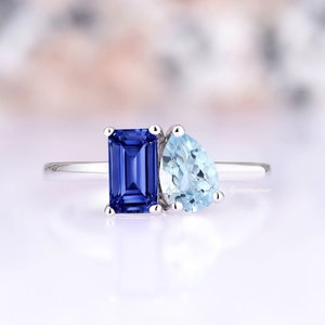 Blue Sapphire & Aquamarine Ring- Moi Et Toi Modern Engagement Ring For Women 2 Birthstone Delicate Pear and Emerald Cut Promise Ring For Her