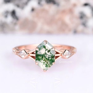 Celtic Green Moss Agate Ring For Women- 14K Rose Gold Vermeil Natural Agate Engagement Ring- Hexagon Promise Ring- Anniversary Gift For Her
