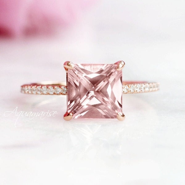 Princess Cut Morganite Ring- 14K Rose Gold Vermeil 3CT Peachy Pink Morganite Engagement Ring For Women Promise Ring Anniversary Gift For Her