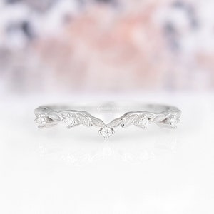 Filigree Leaf Diamond Wedding Band For Woman- 925 Sterling Silver Curved Matching Stacking Ring Art deco Leaf Vintage Promise Ring For Her